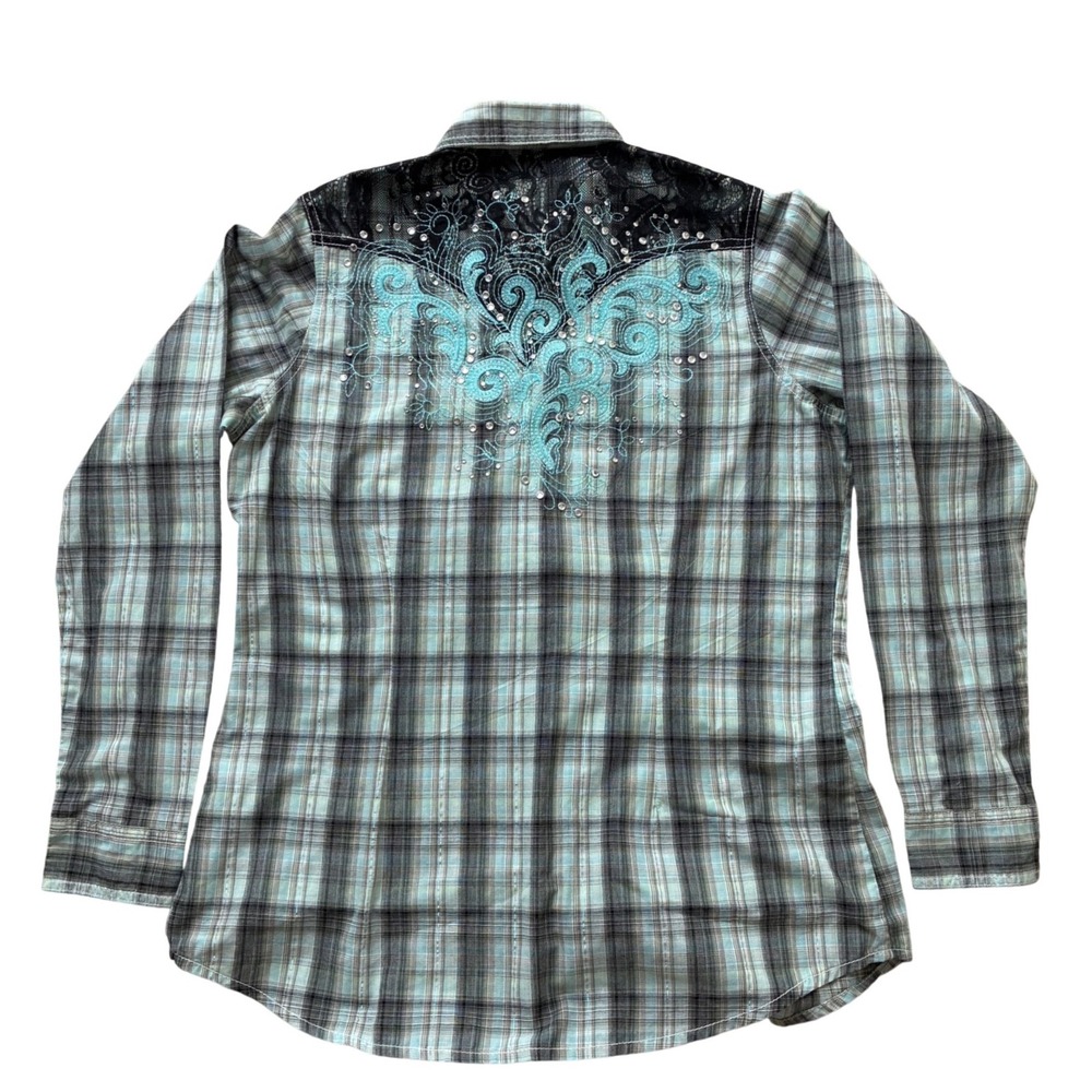 Rock 47 by Wrangler Womens Plaid Western Snap Shirt Lace Embroidery Teal Large